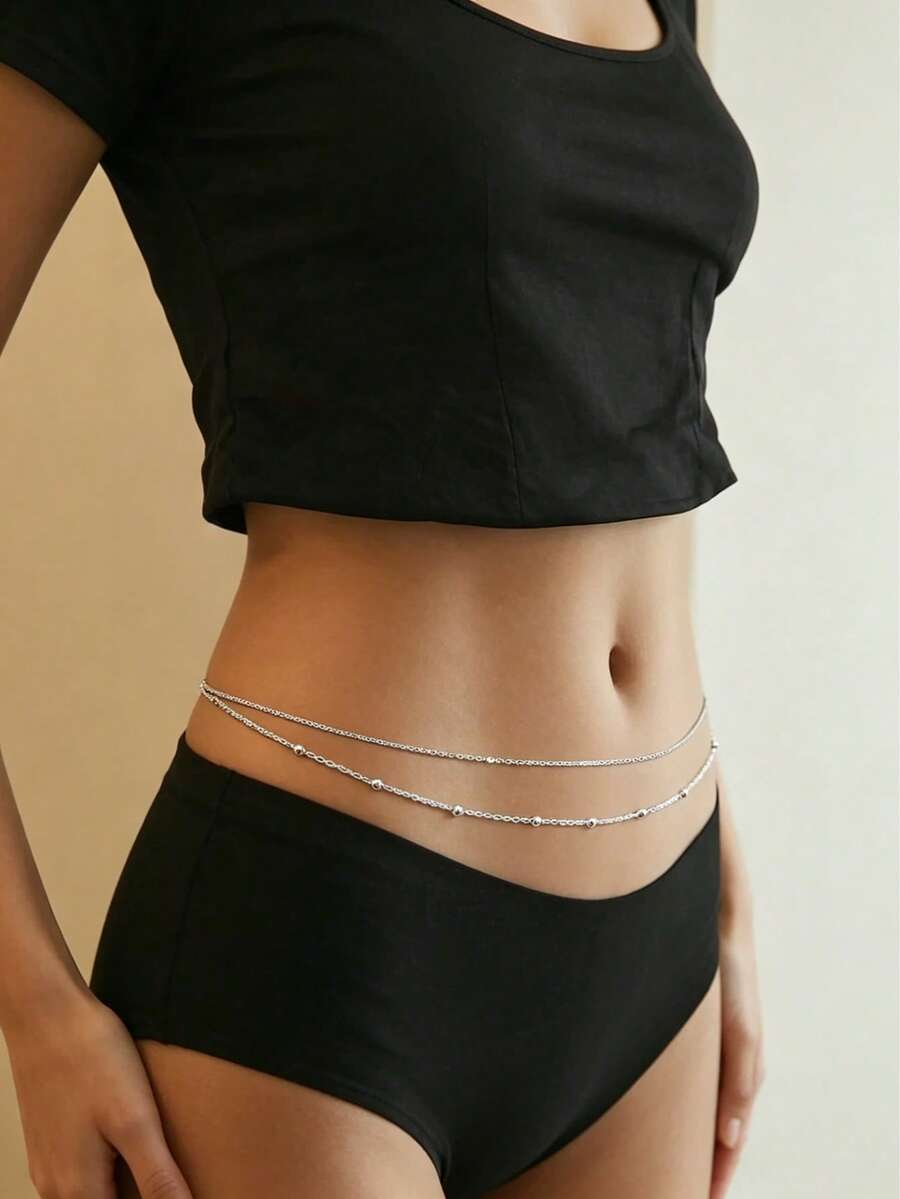 GARMEND 1 Set Of 2pcs Elegant Metal Chain Multi-Layer Pearl Waist Chain - Silver - View 1