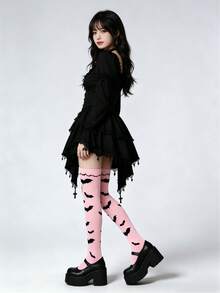 Élanzette 1 Pair Pink Thigh High Socks, Gothic Bat Design Over-The-Knee Long Socks, Street Fashion For Women, Comfortable Summer Outfit - Multicolor - View 5