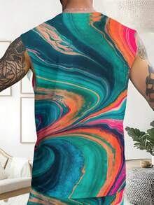 Summer Outfits For Men Abstract Art 2026 Summer New Styles Men's Plus Size Wide Shoulder Vest & Beach Shorts Set Two Piece Set Colorful Swirl Pattern For Beach And Pool Activities Perfect Gift For Him - 白色 - 查看 2