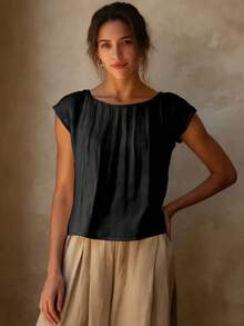 Women's Elegant Pleated Bust Design Blouse, Round Neck Shirt, Solid Color Versatile, Suitable For All Seasons, Machine Washable, Suitable For Casual Or Formal Occasions Black Summer - Black - View 4
