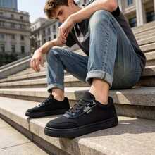 Men's Black Classic Canvas Sneakers | Lightweight Breathable Low-Top Casual Shoes | Lace-Up Comfortable Flat Shoes | Suitable For Spring/Summer Daily Wear, Street Style, Travel & Holiday, Gift - Glossy Black - View 2