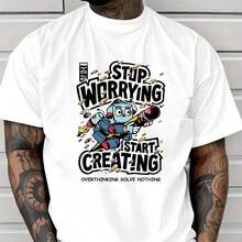 Short-Sleeved T-Shirt With "Stop Worrying Start Creating" Print - 白色 - 查看 4