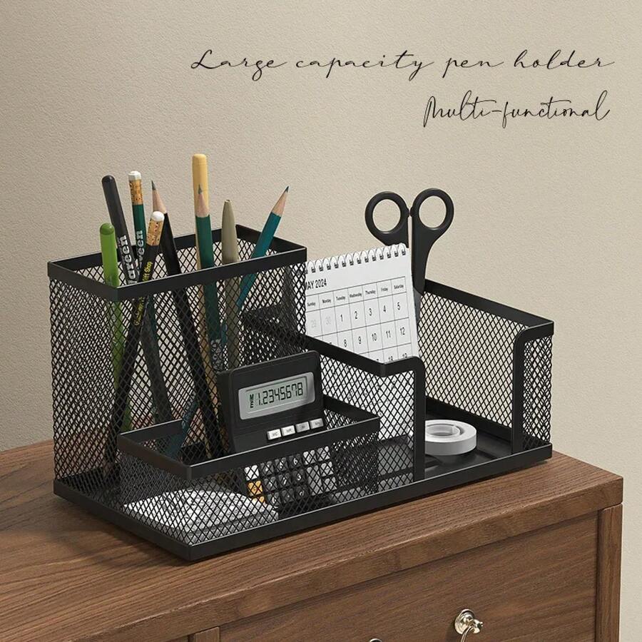 Organizador de escritorio de malla, carrito de suministros de oficina con portalápices y cestas de almacenamiento para accesorios de escritorio, 3 compartimentos, negro - 3 rejillas Negras - Ver 1