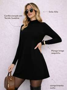 Women's Short Dress With Long Sleeves, Soft Suedine Cotton, Comfortable Premium Knit - màu đen - Xem 4