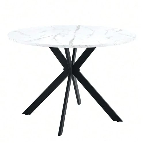 Modern Round Dining Table With Walnut Finish, Made Of MDF – Black X-Frame, Dining Table For Kitchen And Living Room, 110 Cm In Diameter. - White - View 1