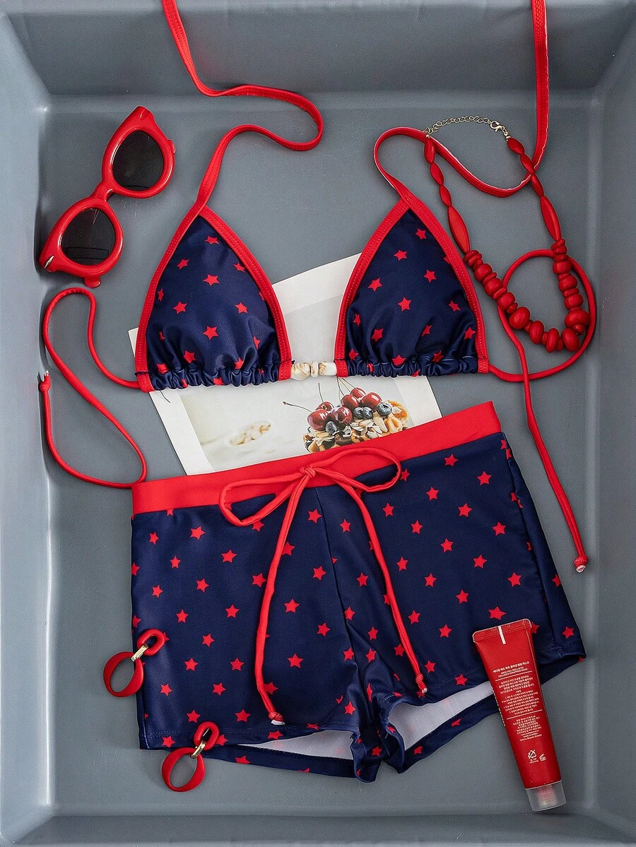 2026 New Star Print 2pcs Bikini Set, Blue With Dark Trim, Triangle Top And Drawstring Shorts, Women Summer Swimwear - Navy Blue - View 1