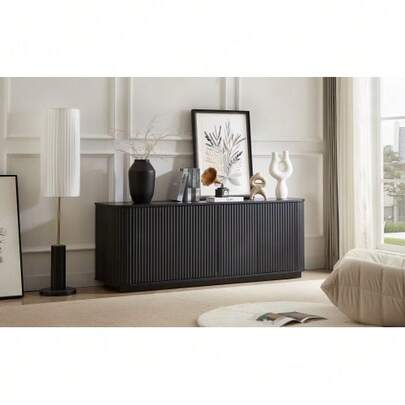 Wavy-Edged Cabinet, TV Cabinet, Sideboard Cabinet, Vertical Striped Wooden Cabinet For The Kitchen, Bedroom, And Hallway. Black, 162.5 Cm * 38 Cm * 61 Cm