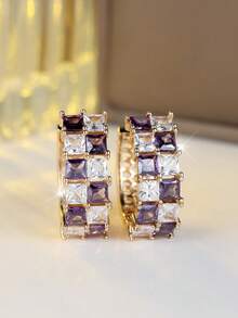 1Pair Modern Golden CZ Earrings, Dainty Princess Cut Two-Tone Style, Everyday Jewelry, Elegant Gift - Golden-purple - View 3