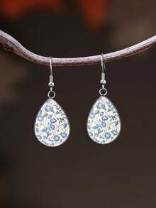 1 Pair French Countryside Style Fresh Blue Floral Pattern With 316 Stainless Steel Teardrop Earrings, Minimalist Design Suitable For Women's Daily Wear And Gift, Elegant Minimalist Style Jewelry Earrings Suitable For Women's Daily And Holiday Wear - Baby Blue - View 8