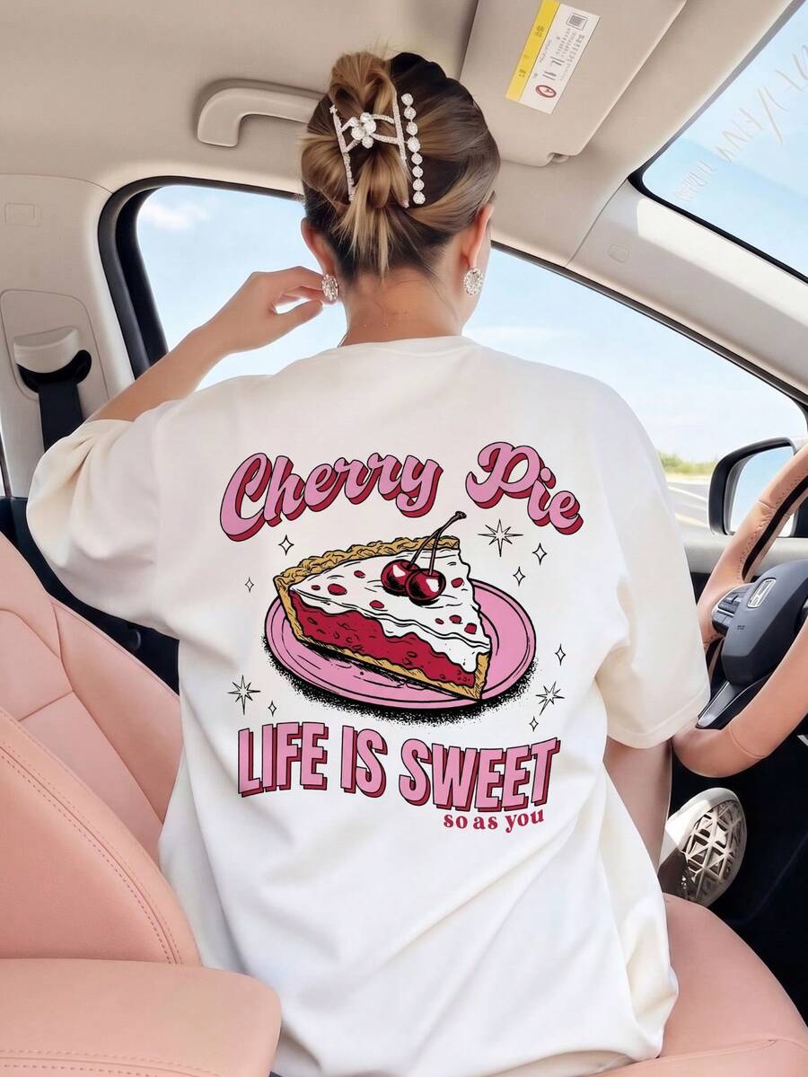 女士甜樱桃派字母印花短袖T恤，圆领前后双面印花，休闲甜美又酷炫的街头风上衣 - 白色 - 查看 1
