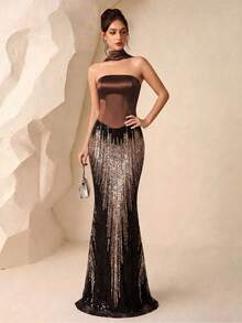 Bandeau Satin elegantes formelles Abendkleid mit Meerjungfrauen-Rock und wellenförmigem Paillettenband, Geburtstags- und Party-Abendkleid im leichten Socialite-Stil für Hochzeiten - Braun - Übersicht 3