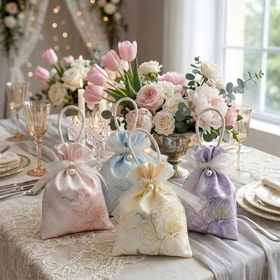 4pcs Floral Pearl & Ribbon Candy Bags, Elegant Drawstring Gift Bags, Suitable For Weddings, Girls' Gifting, Birthdays, Mother's Day And Spring & Summer Festivals With Soft And Fresh Color Matching