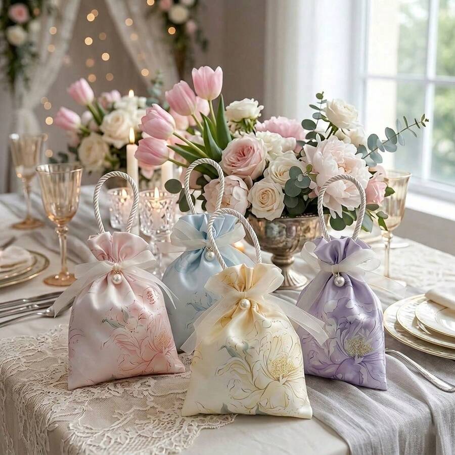 4pcs Floral Pearl & Ribbon Candy Bags, Elegant Drawstring Gift Bags, Suitable For Weddings, Girls' Gifting, Birthdays, Mother's Day And Spring & Summer Festivals With Soft And Fresh Color Matching - Multicolor - View 1