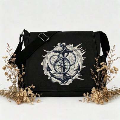 黑色水洗帆布斜挎包，复古锚罗盘印花，大容量通勤单肩包