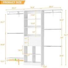 60 Inch White Expandable Closet Organizer System, 1.58-6.8FT Walk-In Closet With 5 Hanging Rods & Reversible Hanging Shelving, Wooden Drawers Included - White - View 3