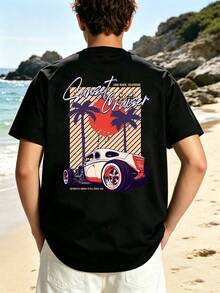 T-shirt à manches courtes col rond décontracté pour adolescents garçons avec imprimé graphique de voiture de dessin animé & palmier, convient aux garçons & filles, plage, vacances, camping, port quotidien - Noir - Voir 1