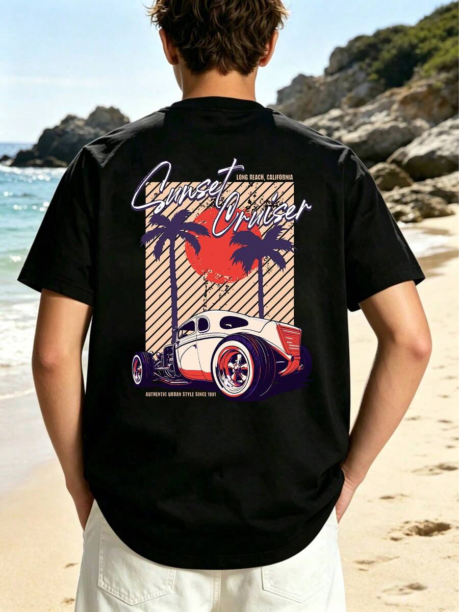 T-shirt à manches courtes col rond décontracté pour adolescents garçons avec imprimé graphique de voiture de dessin animé & palmier, convient aux garçons & filles, plage, vacances, camping, port quotidien - Noir - Voir 1