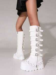 Botas altas de mujer con estilo Y2K, de metal negro, estilo punk, combinación de plataforma alta, botines hasta la rodilla con cremallera y hebilla, leggings, botas de estilo navideño y de Halloween - Blanco - Ver 6