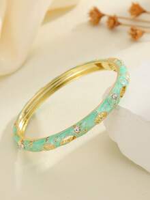 1pc Fashionable New Plated Gold Delicate Rhinestone Crown Pattern Cloisonne Bangle Bracelet, Jewelry Gift For Women & Girls - Mint Green - View 3