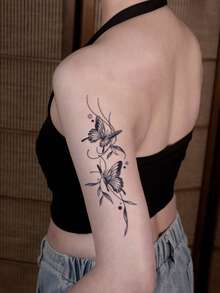 1 Herbal Tattoo Sticker, Minimalist Branches With Two Butterflies, Temporary Tattoo Sticker, Washable, PVC, Disposable, Waterproof And Sweatproof, Suitable For Arms, Waist, Abdomen, Back, Legs, Non-Reflective, Realistic Tattoo, Suitable For People, Daily Use, Lasts 7-14 Days - Black - View 5