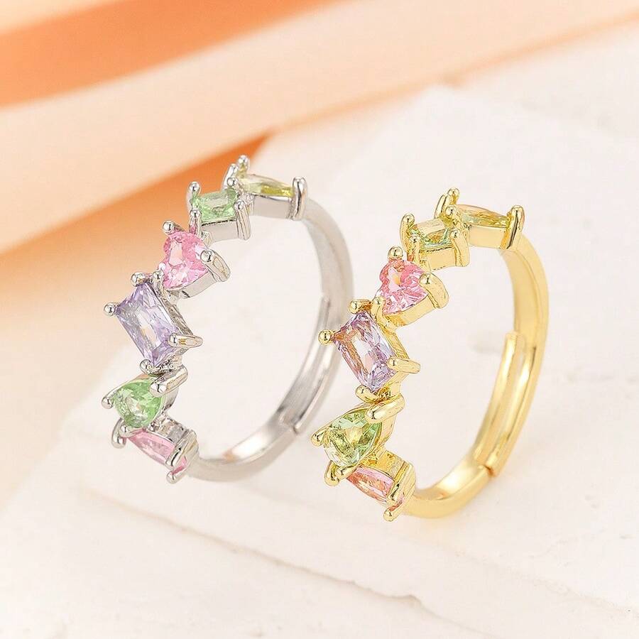 1件裝 鑲鋯石多巴胺風彩色時尚女款戒指,禮品飾品 - 彩色 - 查看 1