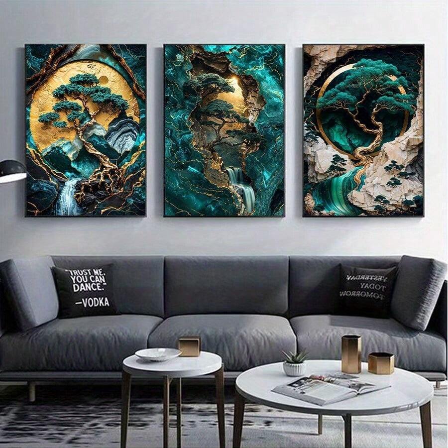 3 buc. Pictură decorativă fără ramă pe pânză, peisaj abstract modern, postere de artă pe pânză, modele de marmură, artă liniară cu folie aurie verde jad, picturi decorative imprimate pe pânză, potrivite pentru decorarea casei - A - Vizualizare 1