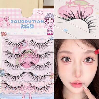 DOUDOUTIAN 5 Pairs French Coral False Eyelashes, Korean Minimalist Style, Natural & Voluminous, Easy For Beginners 7-12mm