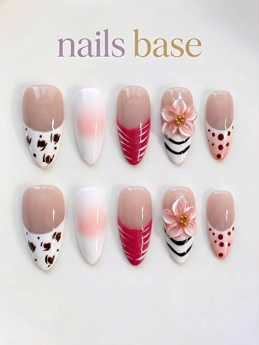 NAILS BASE 10片/組 粉色杏仁形長款法式漸層漸變假指甲,附玫瑰紅花朵,杏仁形甲片,適合辦公場合的中性華麗風,日式手工 P - 彩色 - 查看 1