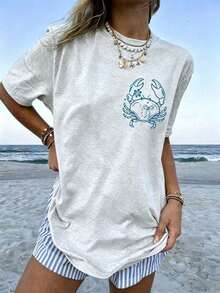 2026 Tropical Vacation OutfitsIf Crabby Please Return To The Beach Double Sided Crab Graphic Tee, Coastal Aesthetic Graphic Tees Women, Summer Fits For Women, Vacation Fits Women, Casual Streetwear, Retro Beach Aesthetic, Beach Life Tops, Oversized Graphic TeesLoose And Comfortablegoing Out Outfits - 白色 - 查看 7