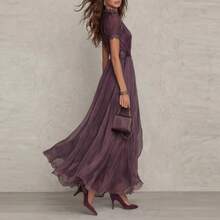 New Spring Summer V-Neck Ruffle  Dress, Waist Slim Flared Elegant Dress - 紫色 - 查看 2