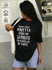 -Women's Shirt, 100% Cotton, White, Short Sleeves, With Italian Slogan Print, Size, New Style For Spring/Summer/Autumn/Winter, Women's Sportswear, , Soft And Breathable, Suitable For Holidays. - White 5 - View 2