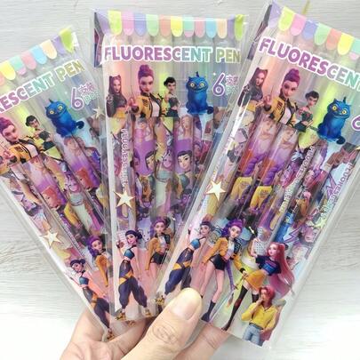 6 bút dạ quang hai đầu K-Pop D-Emon Hunter, bút đánh dấu kiểu hoạt hình POP dễ thương, kiểu ngẫu nhiên, thích hợp cho nhật ký, ghi chú, vẽ, đồ dùng tiệc tùng.