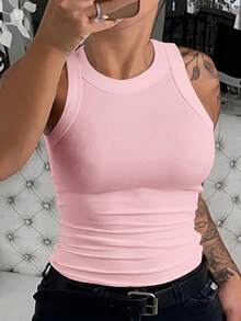 Top ajustado sin mangas de canalé para tallas grandes - rosa - Ver 3
