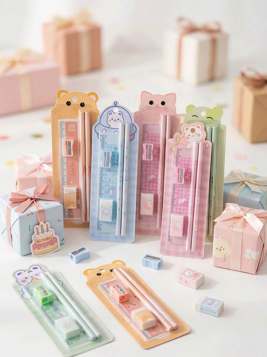8 piezas Juego de papelería con diseño de animales lindos, lápiz multifuncional, regla y borrador, juego de papelería de aprendizaje con diseños de animales, todo en una bolsa de papelería, útiles escolares, regalos de cumpleaños y festividades, esenciales para volver a la escuela, recompensas y regalos escolares diarios - Lindo juego de lápices de dibujos animados - Ver 1