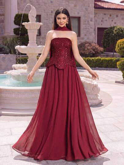  Alisa&Leo Sequin Chiffon Dress - Sleeveless Sequin Embellished Top With Flowing Skirt - Suitable For Prom, Wedding, Formal Dinner Occasions
