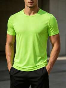 Men's Solid Neon Green Crew Neck Quick-Dry T-Shirt, Breathable Waffle Fabric, Elastic Short Sleeve Sports Running Fitness Top - Mint Green - View 2
