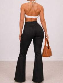 Black Flare Pants, Bell-Bottom Style, High-Waisted, With Lycra, Butt-Lifting, Comfortable, Versatile, Casual, Elegant, Country Style. - Black - View 4