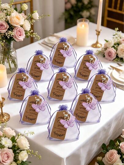 15/3 piezas Juego de llaveros de mariposa morada, que incluye 1 llavero de mariposa, 1 tarjeta y 1 bolsa de malla morada, ideal para regalos de damas de honor, decoración de bodas, regalos de aniversario de bodas, decoraciones de fiesta de cumpleaños, adecuado para ceremonia de bautizo, boda, regalos de novia, recuerdos o regalos de cumpleaños