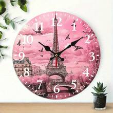 10inch Paris-Style Eiffel Tower Wooden Wall Clock, Featuring Pink Cloud And Bird Patterns - Battery-Powered (AA Batteries Not Included) - Suitable For Living Room, Bedroom, Kitchen, Home Office Decoration, Eiffel Tower Theme, 2D Flat Design - 1pcs/10in/25cm - View 11