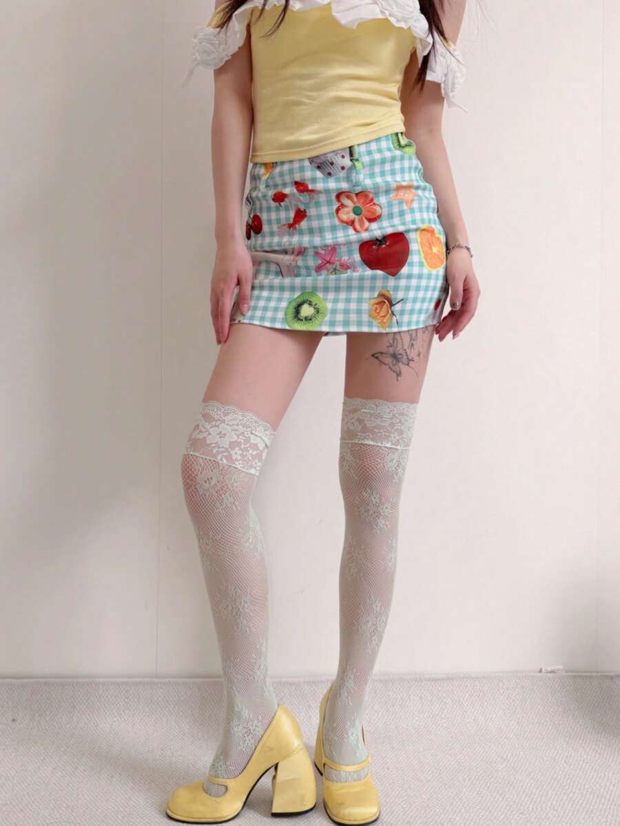 1 Pair Women's Lace Trim Purple Floral Rose Pattern Knee High Socks - Mint Green - View 1