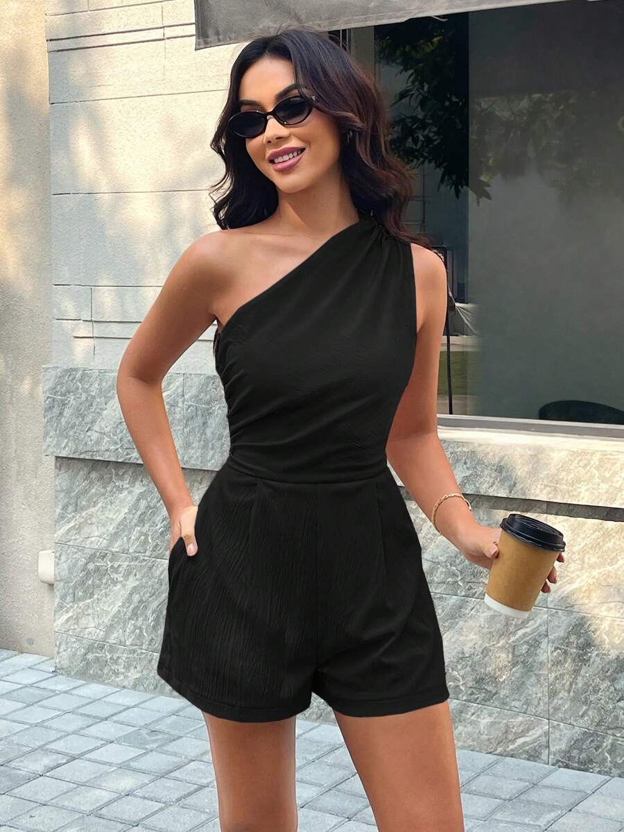 Solid Color One-Shoulder Casual Jumpsuit With Pockets Black Summer - Black - View 1