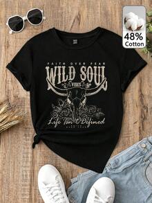Camiseta gráfica casual y vintage de estilo vaquero Wild con estampado floral para mujer, retro Sweatshirt, Cardigan, Sweater, Vest, Bodysuit - Negro - Ver 4