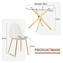 Table And Chair Set. Luxury 88cm Tempered Glass Dining Table + 4 Clear Plastic Dining Chairs. Modern And Minimalist Set Of 1 Table And 4 Chairs, Ideal For Small Dining Rooms. - Gold - View 5