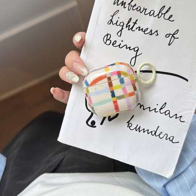 Fashionable Creative Beige Base Colorful Plaid + Circular Earphone Case Suitable For AirPods Pro 3, New Pro 2, Cute Apple 4 Minimalist 3, Personalized 1/2 Earphone Case For Women