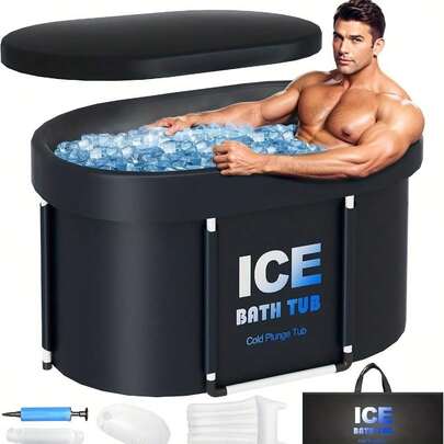 492.1 L Portable Oval Ice Bath Tub For Athletes With Cover - Heavy-Duty PVC Cold Plunge Spa For Home Gym, Outdoor & Indoor Use, No Electricity Required, Quick-Fill System & Insulated Design For Muscle Recovery, Post-Workout & Cold Water (Ideal For S