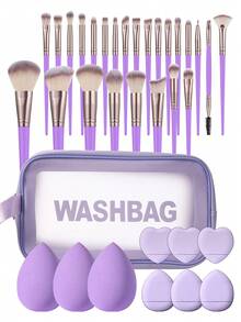 Bộ dụng cụ trang điểm 35 món bao gồm: Bộ 25 cọ trang điểm + 1 túi đựng mỹ phẩm và đồ trang điểm đa năng có khóa kéo chống thấm nước + 3 bông mút trang điểm + 6 bông phấn phủ mini. - Màu tím - Xem 11