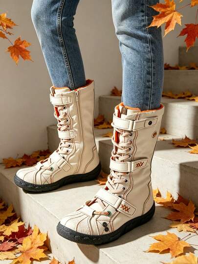 1 Pair TMA EYES Vintage Handmade Stitching PU Patchwork Distressed Fuzzy Upper Wide Shaft Women's Mid-Calf Boots, Jacquard Shoelaces, Hook And Loop Side Zipper, Versatile Comfortable Non-Slip Warm Women Hiking Boots, Couples Cosplay