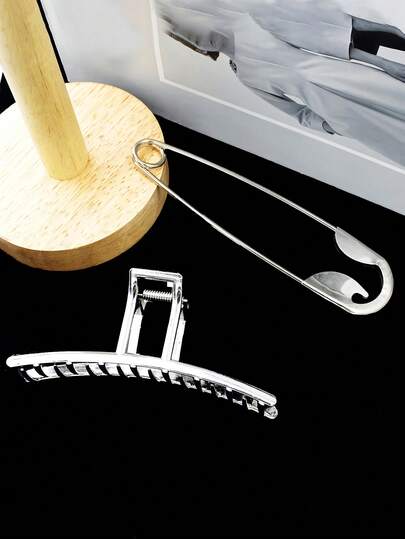Bộ 2 kẹp tóc kim loại tối giản, kẹp tóc một mảnh thời trang dành cho nữ, bộ phối màu bạc, kẹp tóc trang trí cỡ lớn cho tiệc tùng và lễ hội.