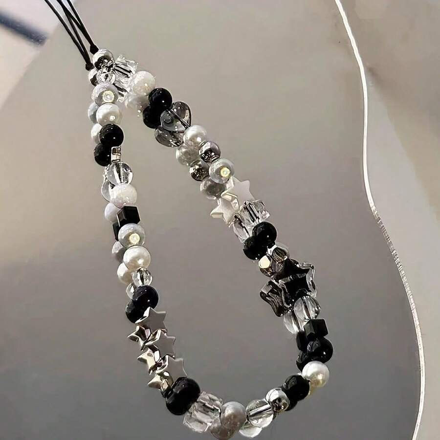 Cordón de teléfono negro con cuentas y estrella, correa anti-pérdida para cámara CCD, accesorio para funda de teléfono y colgante para mochila - negro - Ver 1