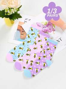 1/3 Paia Di Calzini Lavorati A Maglia Con Motivo Ape Carino, Calzini Casual Freschi E Dolci Per Uso Quotidiano, Calzini Comodi Adatti Per Primavera/Estate/Autunno, Regalo Per Amanti Delle Api - Multicolore - Visualizzare 3